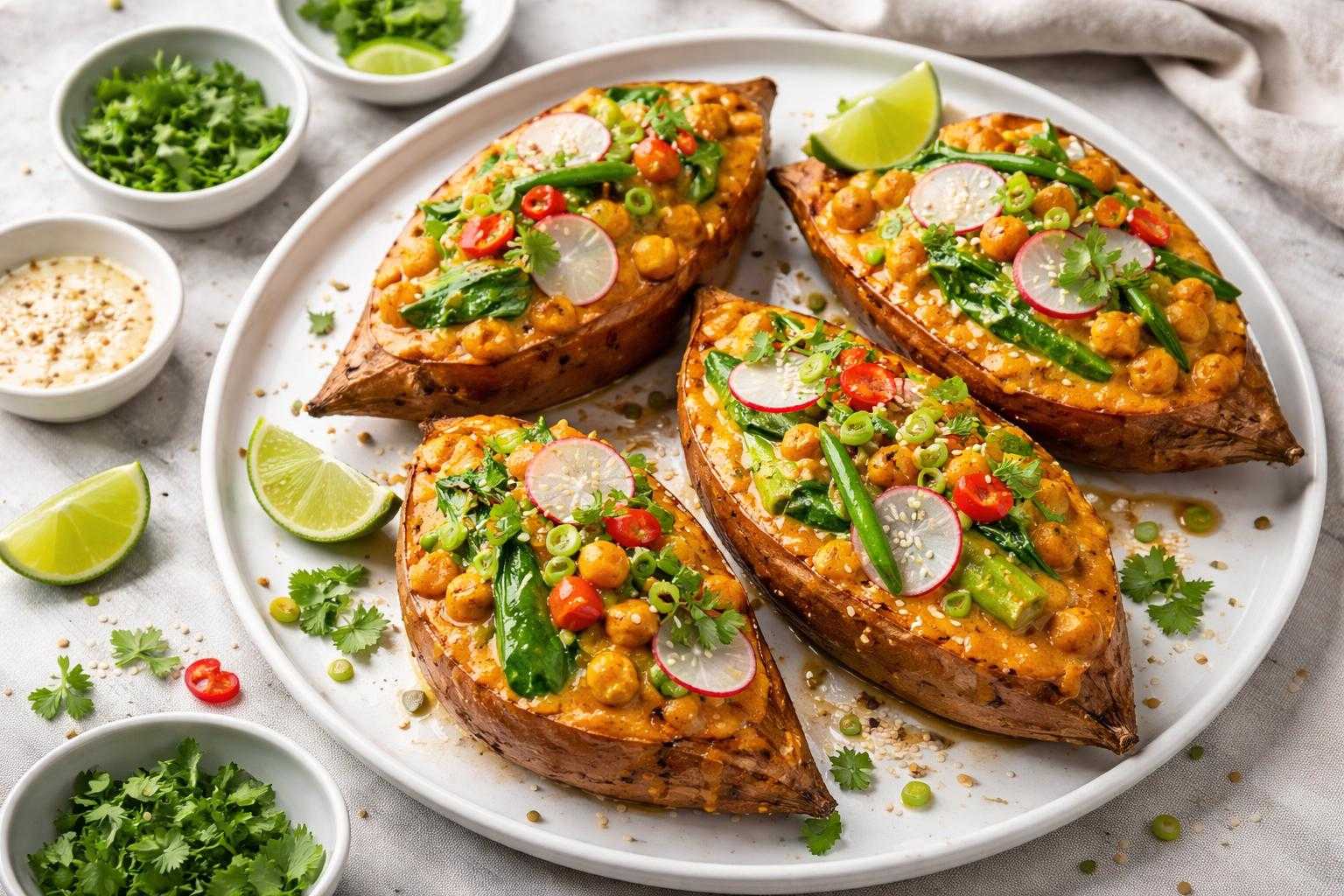 Patates douces rôties farcies au curry coco et légumes croquants