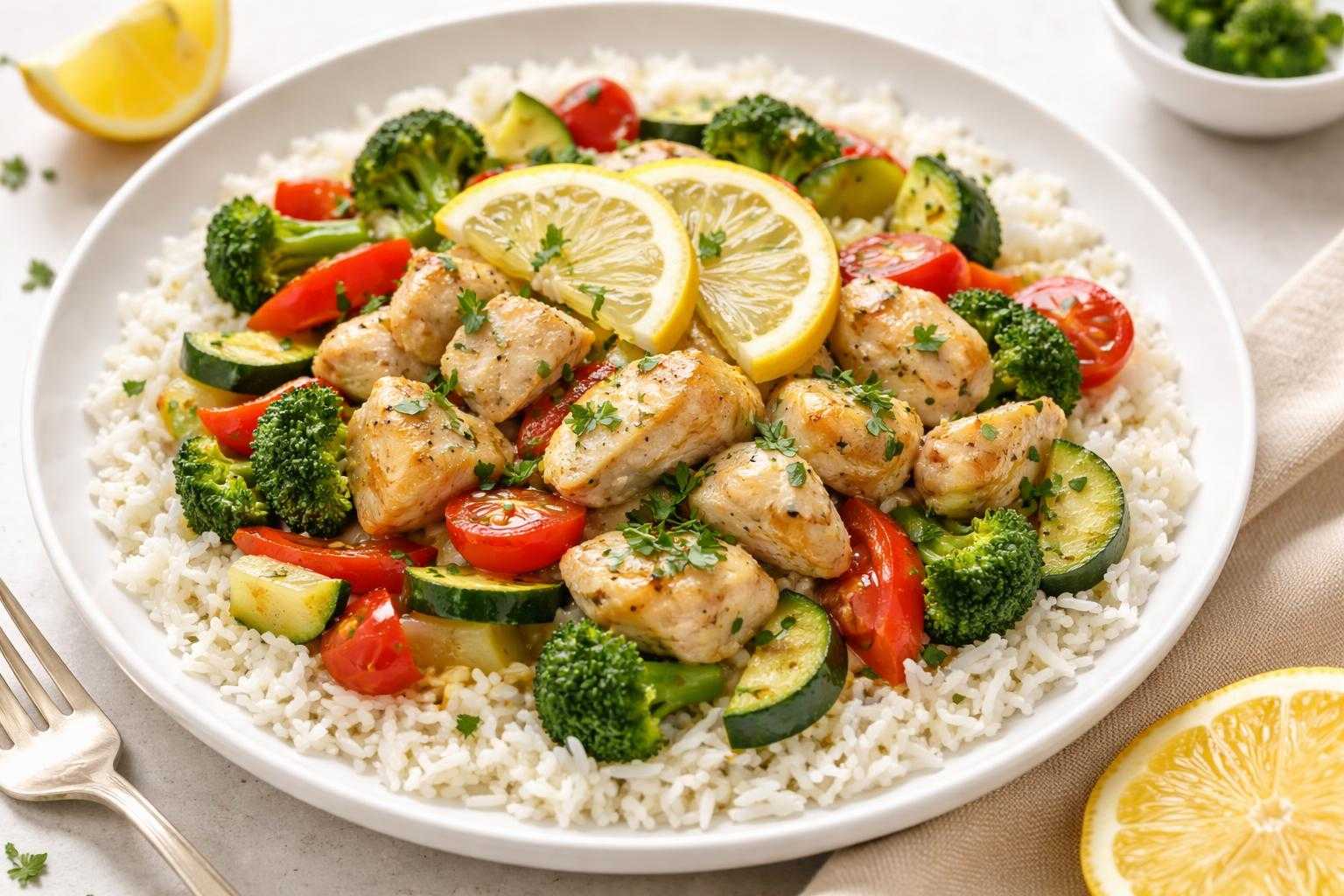Poulet tendre au citron et légumes sur riz basmati (plat principal sans gluten)