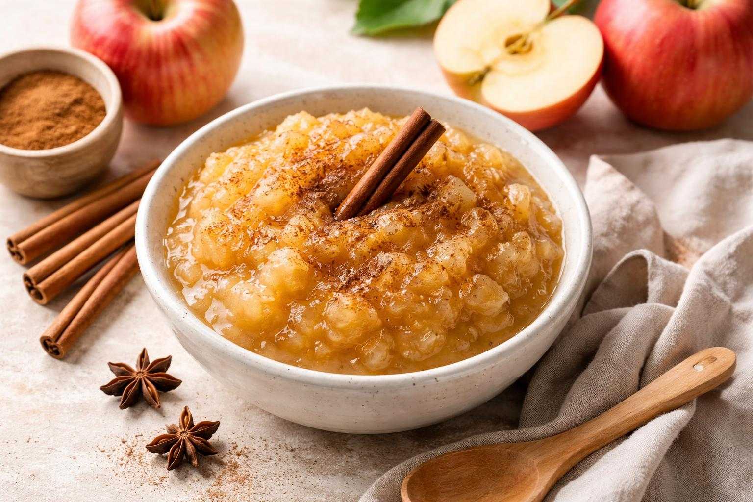 Compote de pommes maison sans sucre ajoute, parfumee a la cannelle