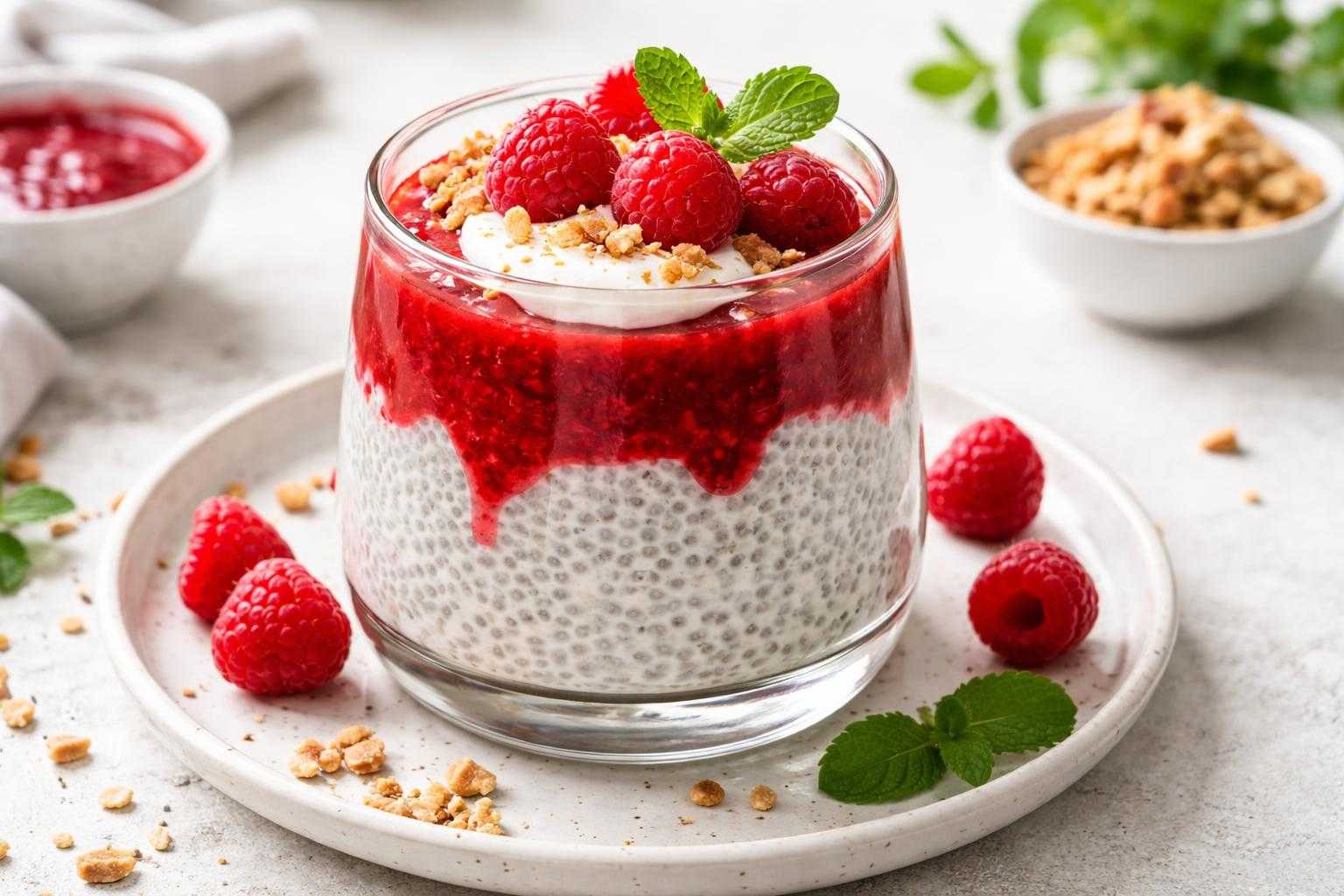 Dessert vegan au coulis de framboises et crème chia