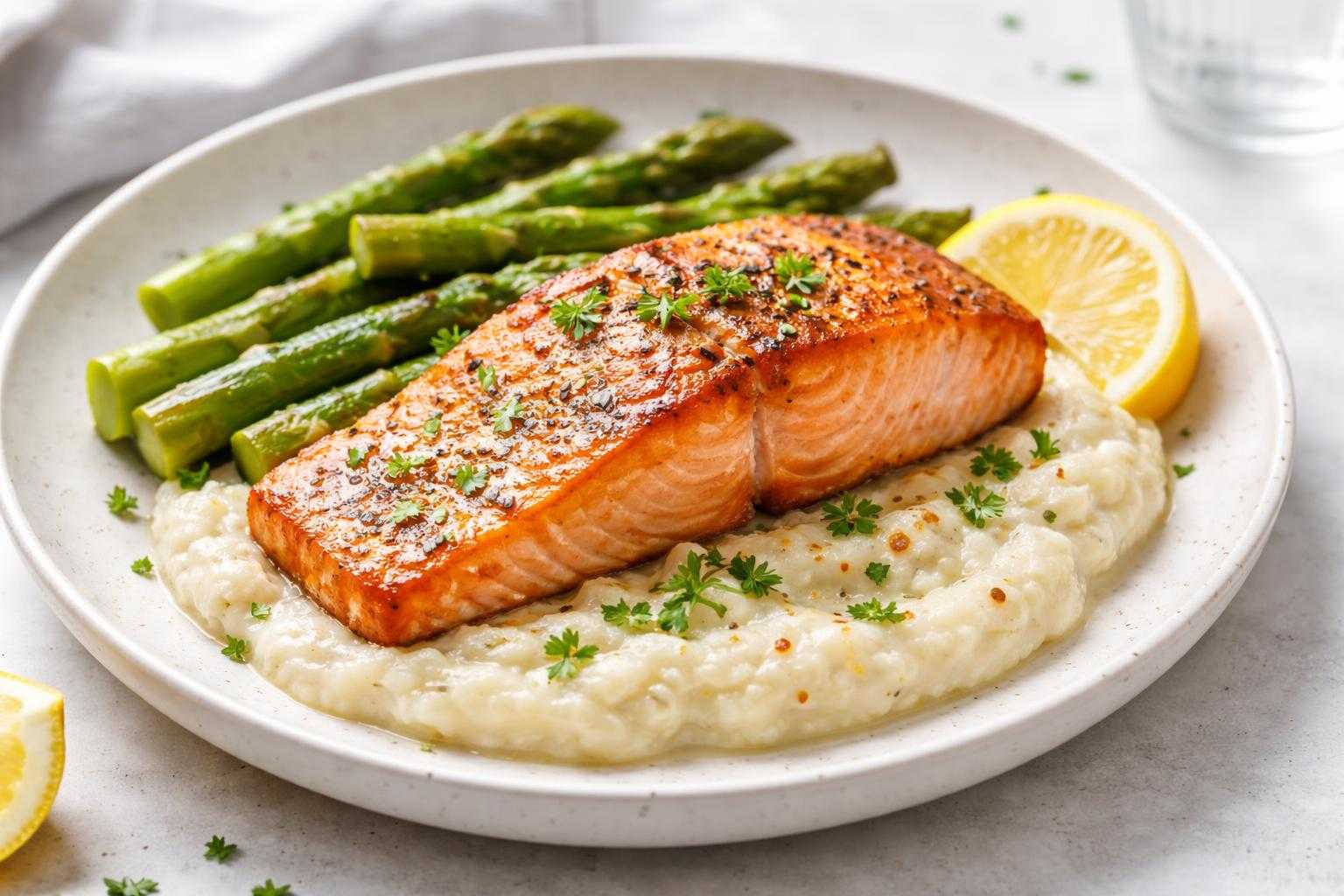 Saumon poêlé sur purée de chou-fleur et asperges croquantes (Paléo, riche en oméga-3)