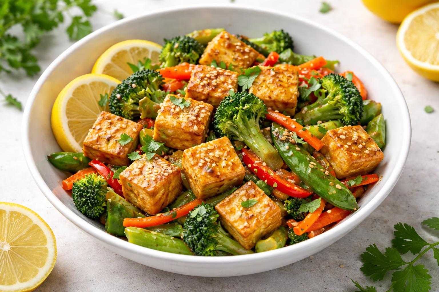 Tofu sauté citron-gingembre avec légumes croquants